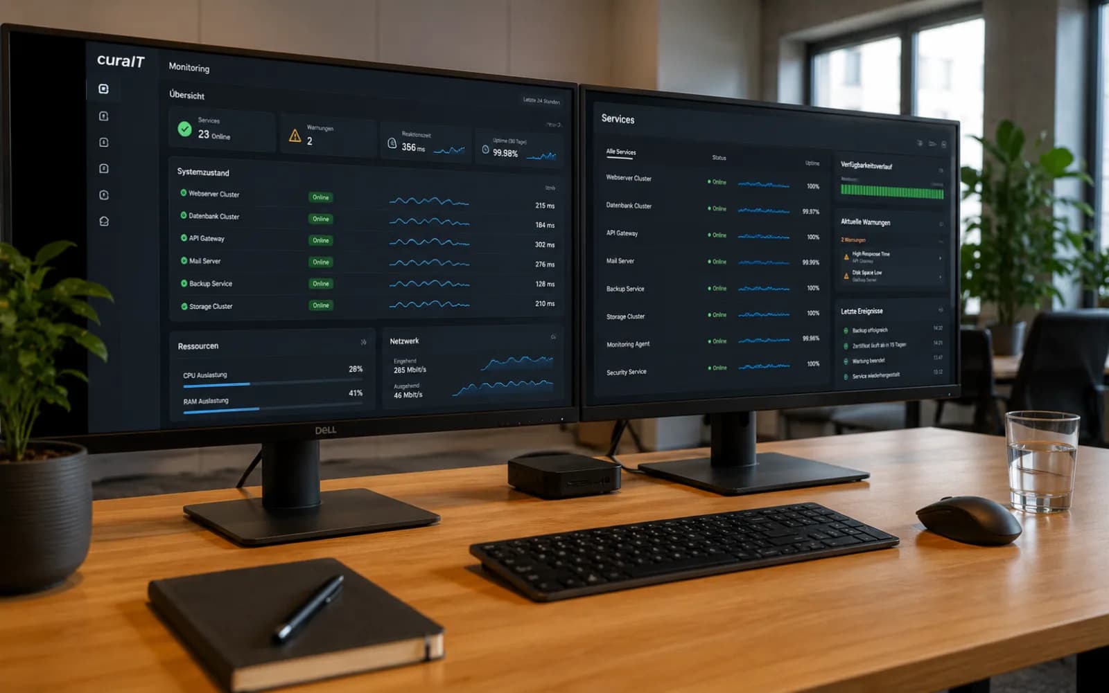 Zwei Bildschirme mit curaIT-Monitoring-Dashboards, Service-Status, Ressourcen-Auslastung und aktiven Warnungen — auf einem aufgeräumten Schreibtisch im Tageslicht